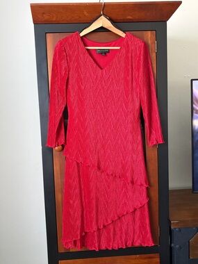 connected apparel Red Textured V-Neck Layered Long Sleeve Dress